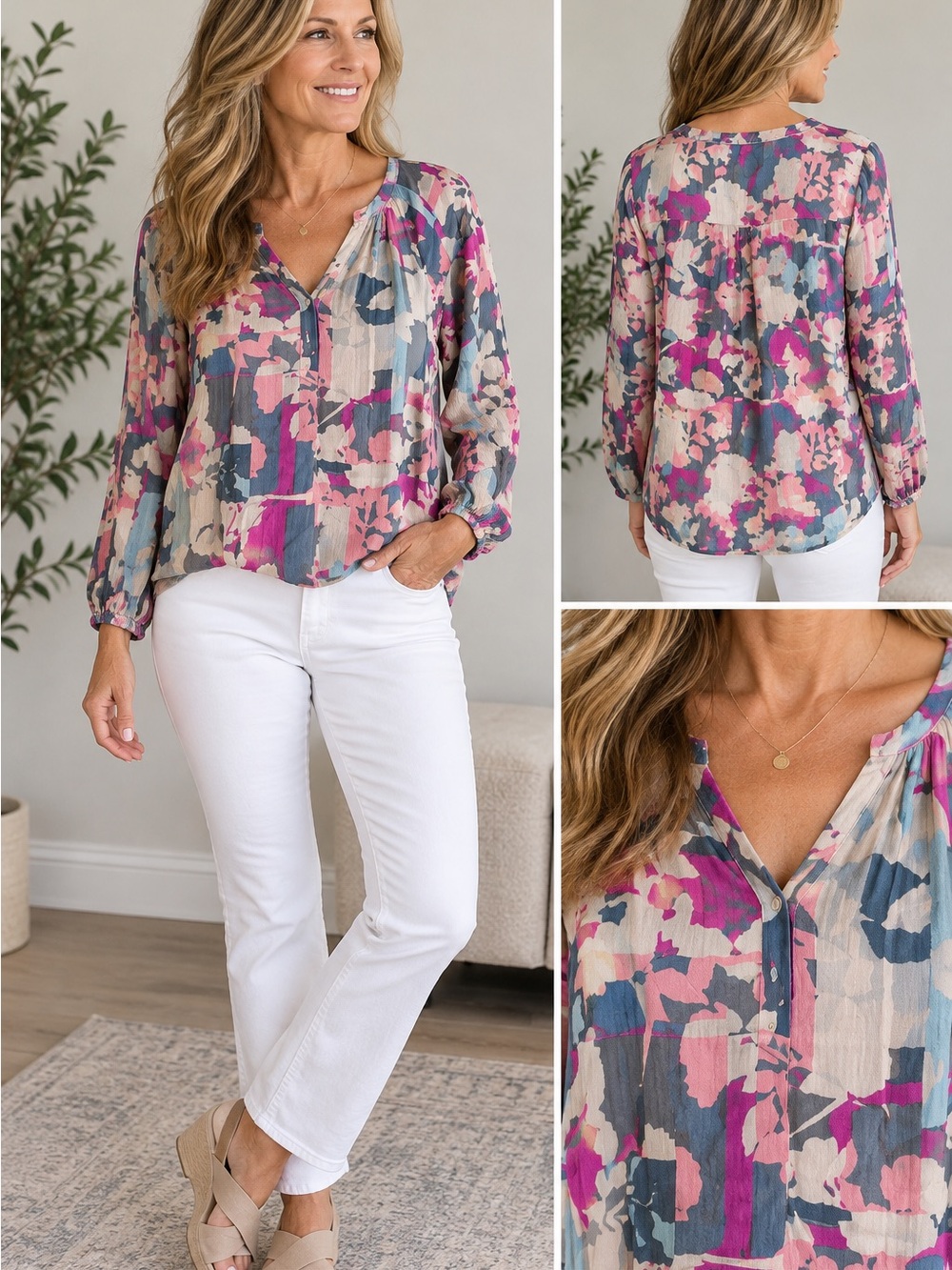 Andree by Unit Pink Floral V-Neck Long Sleeve Blouse size M